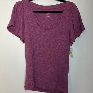 GAP Ruffle Sleeve Ribbed Scoop Neck Jersey Cotton Plum purple T-Shirt Top